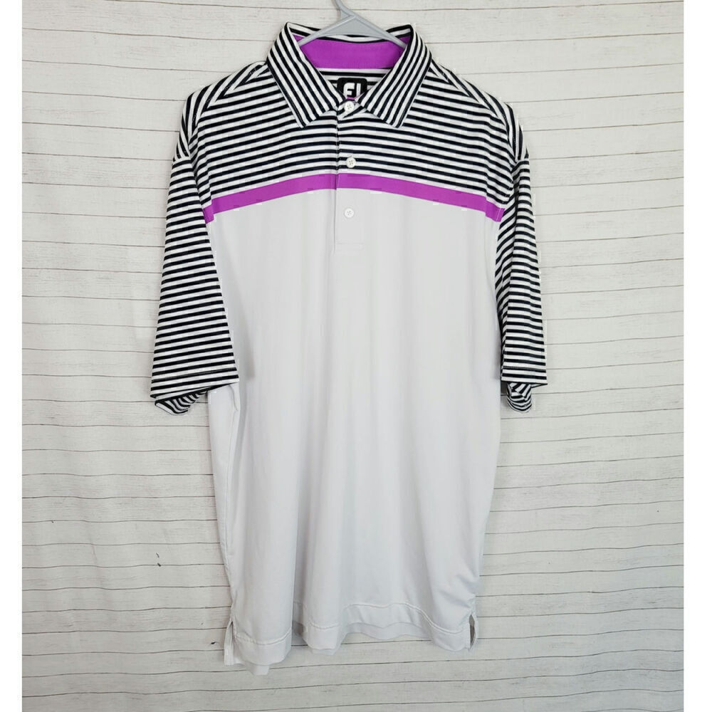 FOOTJOY STRIPED BLOCKED SHORT SLEEVE POLO IN WHITE, BLACK & PURPLE, SZ LARGE
